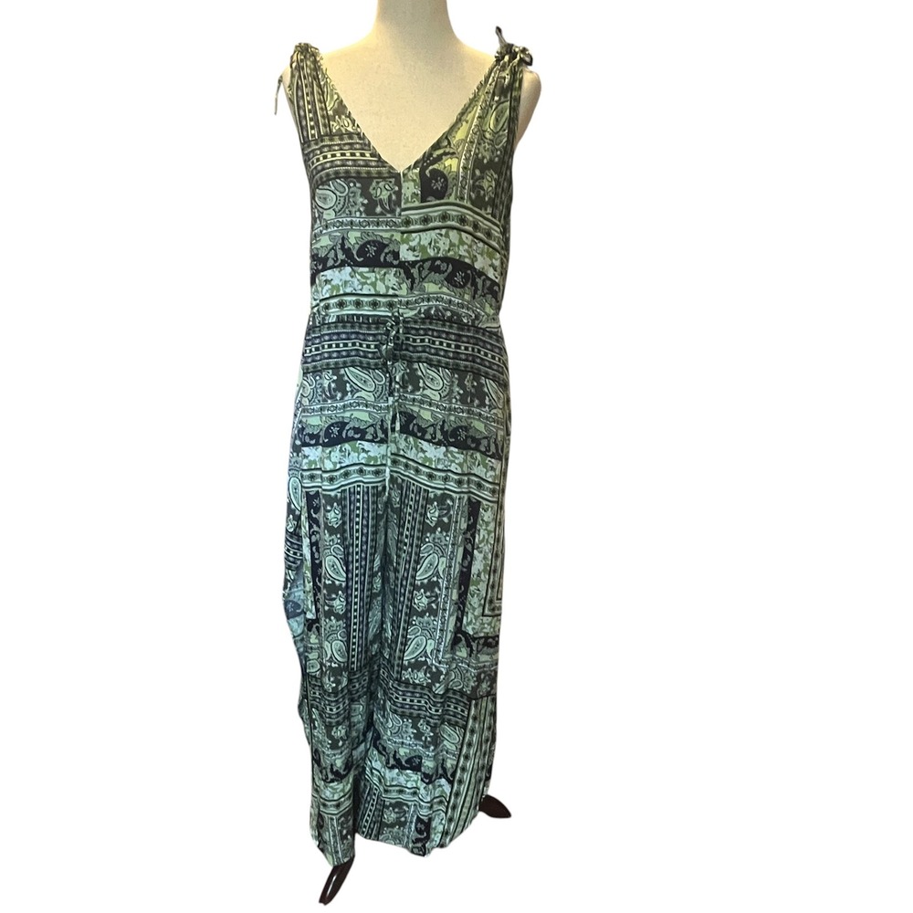 Cato Paisley Jumpsuit Women M Green Wide Leg Boho Hippie Tribal Beach Side Slits